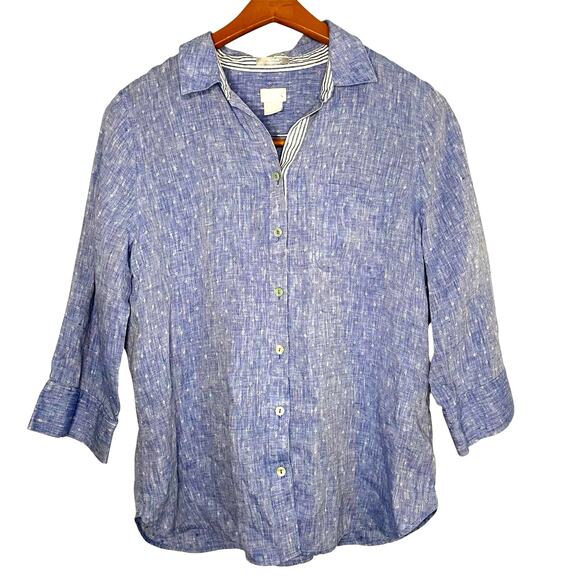 Chico’s No Iron Fresh Chic Linen Button Up Shirt Size 1 Blue Coastal Sailor Chic - Picture 1 of 7